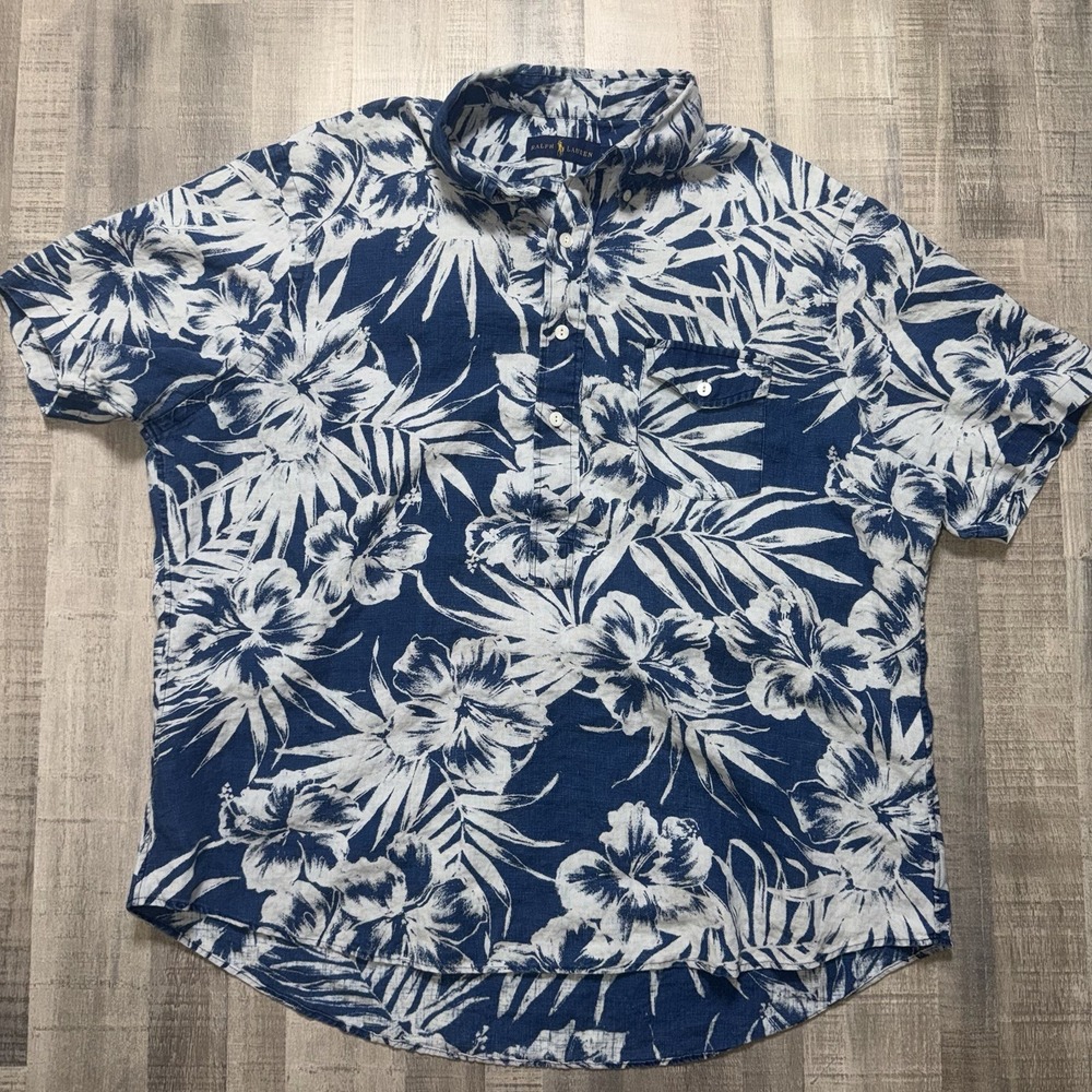 Ralph Lauren Men XL Blue White Hibiscus Floral 100% Linen Popover Shirt Short